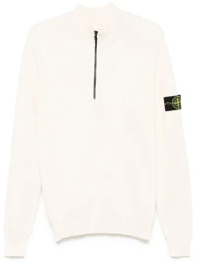 Stone Island Half Zip Ribbed Cotton Knit Jumper Clothing In Beige