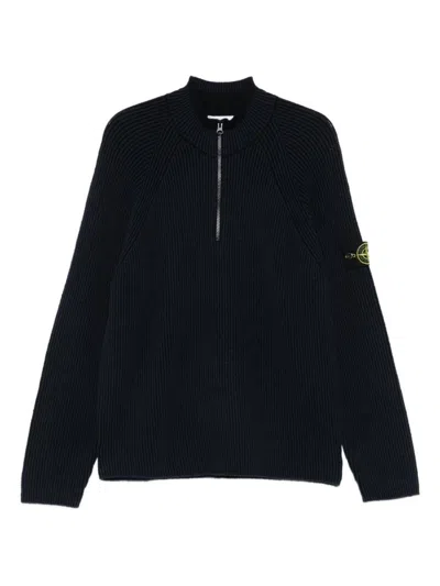 Stone Island Half-zip Ribbed Knit Sweater With High Collar In Black