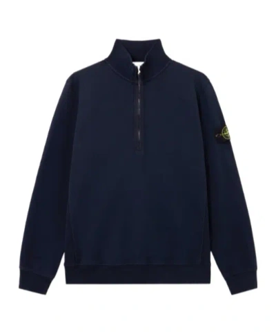 Stone Island Half Zip Sweatshirt In Brushed Organic Cotton Fleece In Blue
