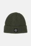 Stone Island Beanie With Compass Patch And Ribbed Cuff In Green