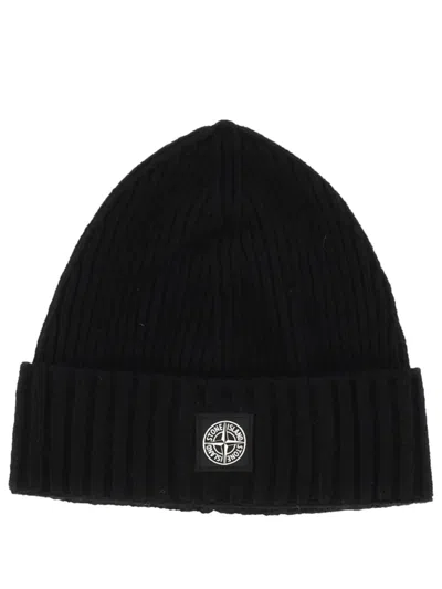 Stone Island Rib-knit Wool Blend Beanie With Compass Logo In Black