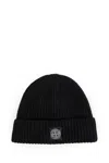 Stone Island Beanie With Compass Patch And Ribbed Cuff In Black