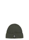 Stone Island Beanie With Compass Patch And Ribbed Cuff In Green
