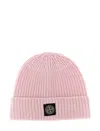 Stone Island Light Wool Knitted Beanie With Compass Patch Accessories In Pink