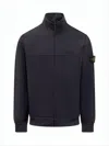 Stone Island High Collar Jacket With Zipper And Distinctive Patch In Blue