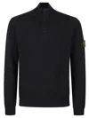 Stone Island High Collar Pullover With Buttoned Placket And Logo Patch In Black