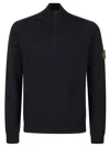 Stone Island High Collar Pullover With Buttoned Placket And Logo Patch In Black