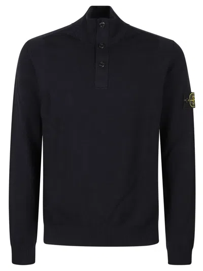 STONE ISLAND HIGH COLLAR PULLOVER WITH BUTTONED PLACKET AND LOGO PATCH