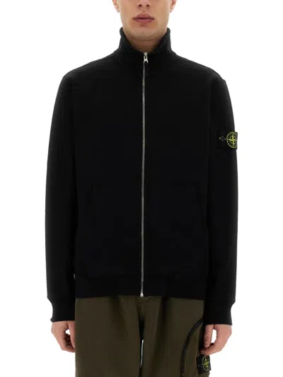Stone Island High Collar Zip Sweatshirt With Minimalist Design In Black
