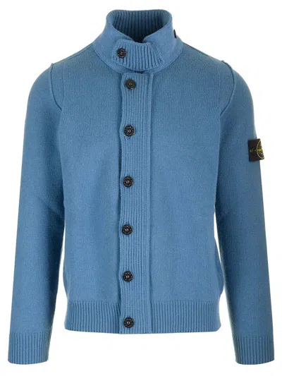 Stone Island High Neck Knitted Cardigan In Blue