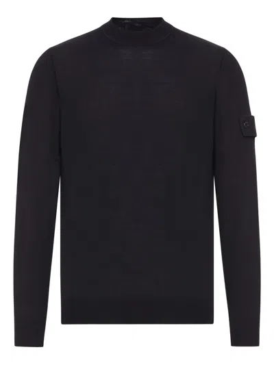 Stone Island Long Sleeve Ribbed Cuff Crew Neck Sweater In Black