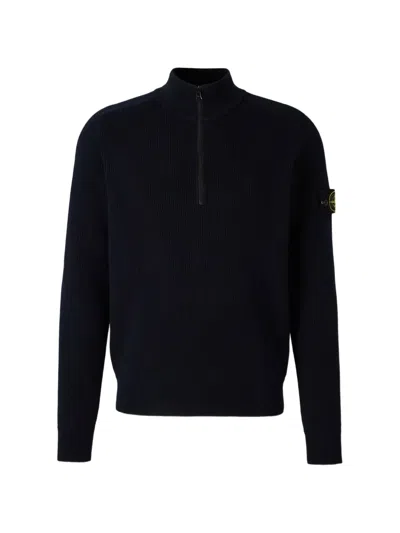 Stone Island Ribbed Turtleneck Sweater In Blue
