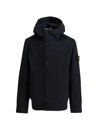 Stone Island Kids' Hooded Buttoned Jacket In Blue
