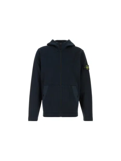 Stone Island Hooded Cardigan With Ribbed Texture And Button-closure Pockets In Blue
