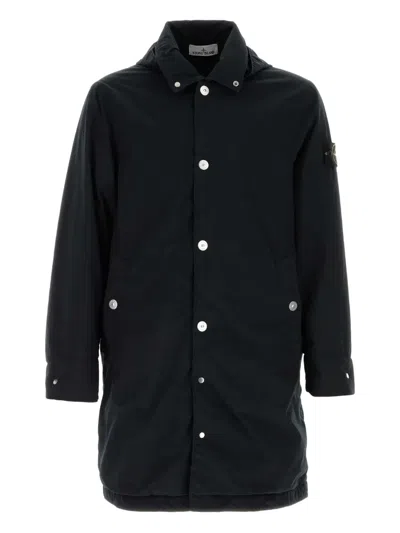 Stone Island Long-sleeved Hooded Cotton Jacket In Blue
