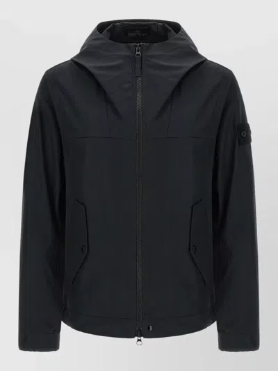 Stone Island Hooded Coat Long Sleeves Buttoned Pockets In Black