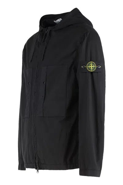 Stone Island Hooded Cotton Jacket In Black