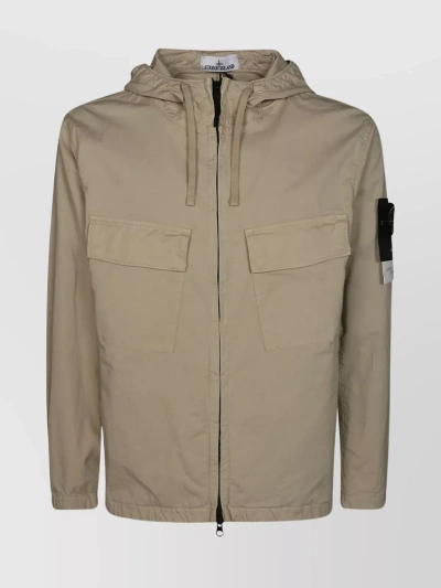 Stone Island Hooded Cotton Jacket Front Pockets In Sand