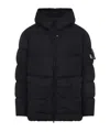 Stone Island Blue Down Jacket With Drawstring Hood And Logo Patch On The Sleeve In Tech Fabric Man In Black