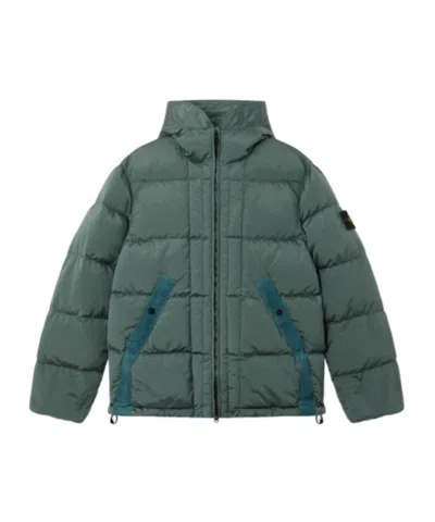 Stone Island Hooded Down Jacket With Drawcord Hem In Green