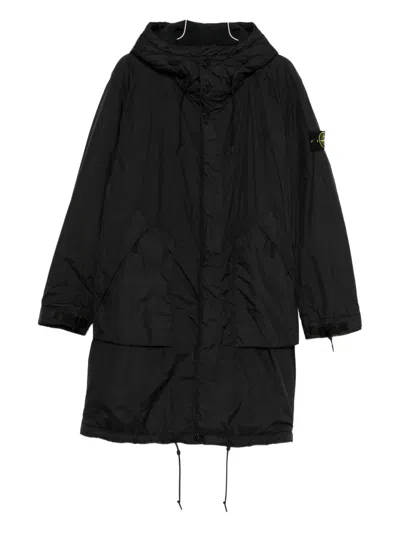 Stone Island Hooded Drawstring Coat In Black