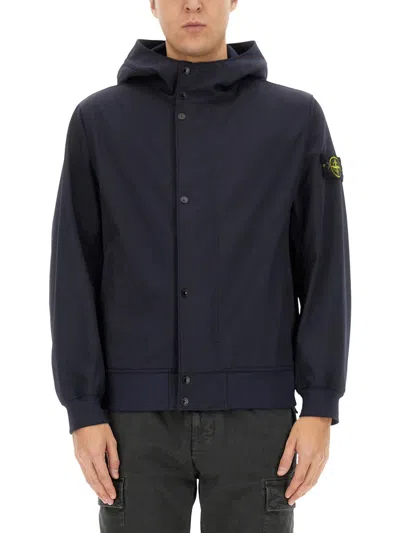 Stone Island Hooded Jacket With Front Button Closure In Blue