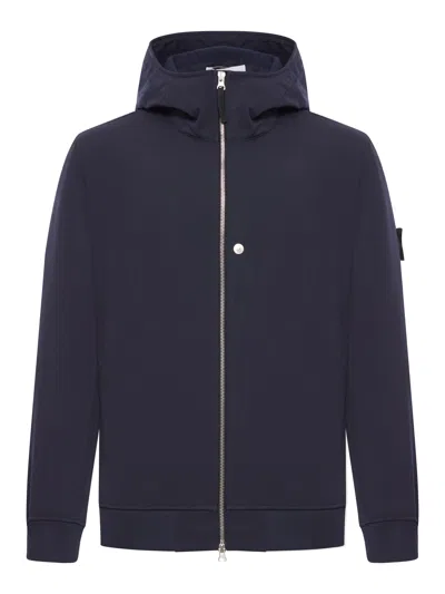 Stone Island Logo Patch Zip-up Hooded Jacket In Blue