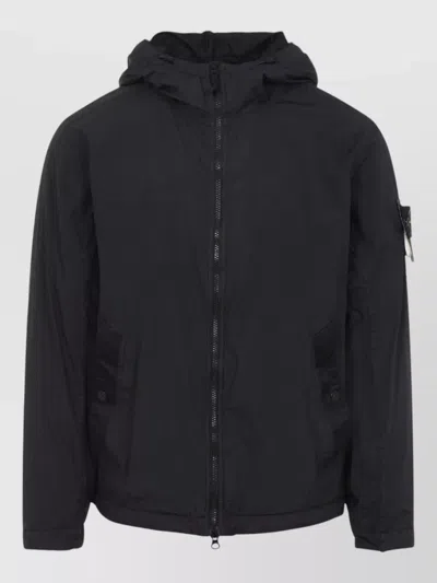 Stone Island Hooded Jacket Elastic Cuffs Side Pockets In Black