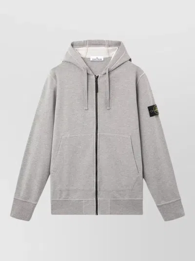 Stone Island Hooded Jacket Front Pockets Ribbed Cuffs Hem In Gray