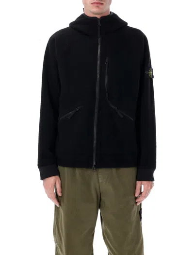Stone Island Hooded Jacket In Textured Wool-nylon Blend In Black