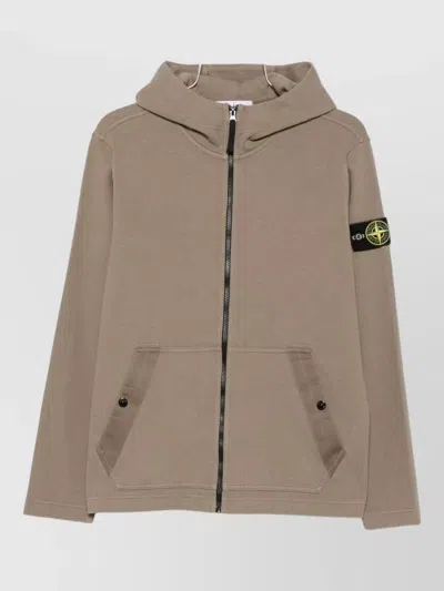 Stone Island Hooded Jacket Ribbed Texture Long Sleeves In Brown