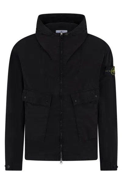 Stone Island Hooded Jacket With Anti-drop Light Compact Touch Poly-tc In Black
