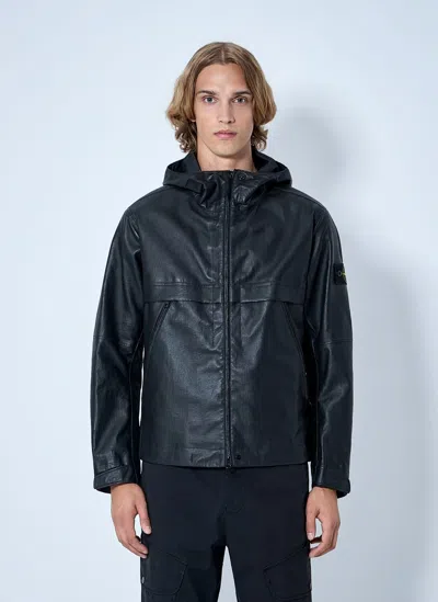 Stone Island Hooded Leather Jacket In Black