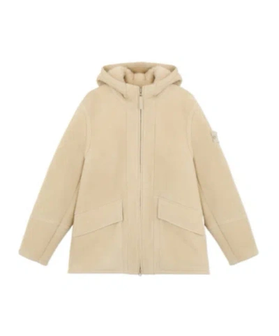 Stone Island Hooded Leather Jacket In Nude