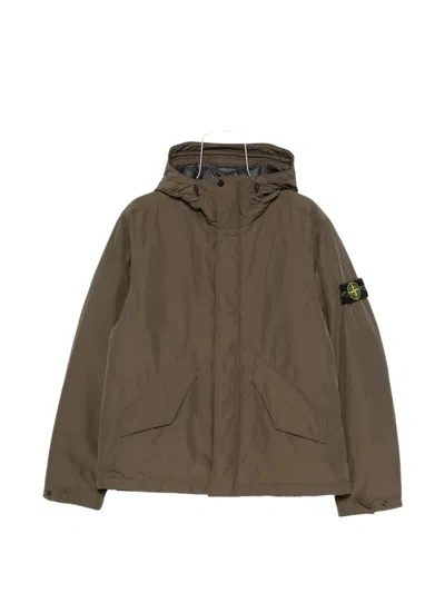 Stone Island Hooded Logo-patch Jacket In Brown
