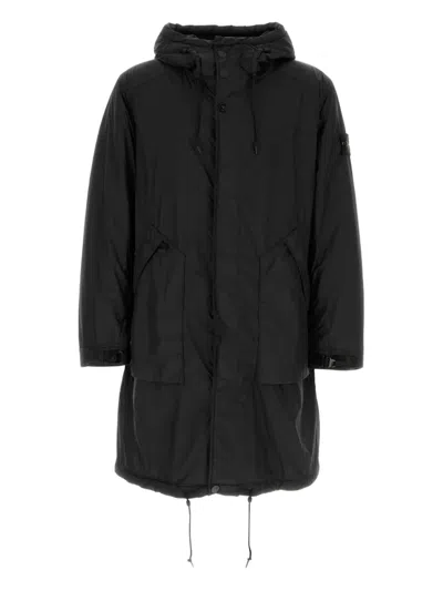 Stone Island Hooded Drawstring Hem Padded Parka In Black