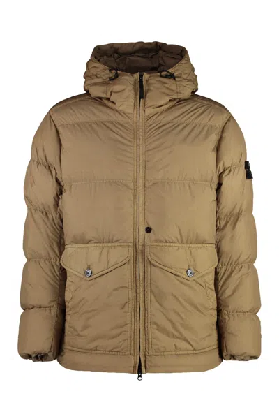 Stone Island Hooded Nylon Down Jacket In Beige