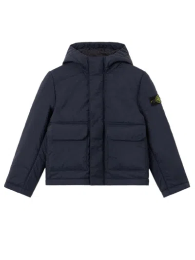 Stone Island Hooded Padded Jacket With Hook-and-loop Pockets Recycled Nylon Canvas In Blue