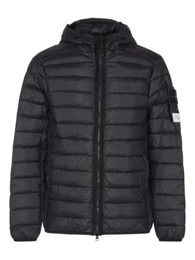 Stone Island Hooded Quilted Coat In Black