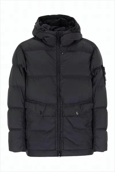 Stone Island Hooded Quilted Down Jacket With Branded Patch In Black