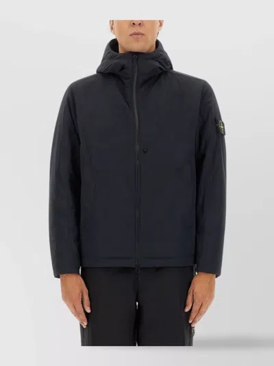 Stone Island Hooded Quilted Jacket Side Pockets In Blue