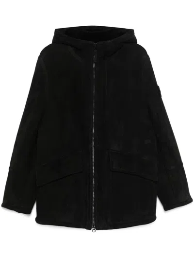 Stone Island Hooded Suede Jacket In Black