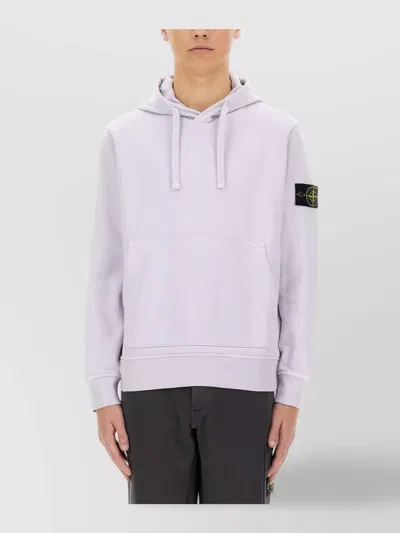 Stone Island Hooded White Cotton Sweatshirt With Distinctive Logo Patch In Purple