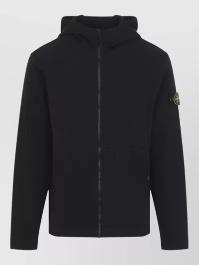 Stone Island Hooded Sweatshirt Jacket Ribbed Cuffs Design In Black