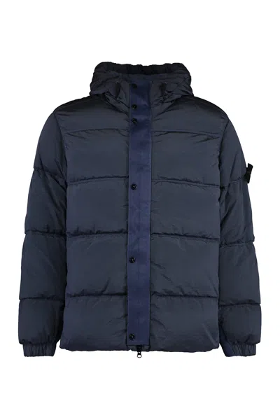Stone Island Hooded Techno Fabric Down Jacket In Blue