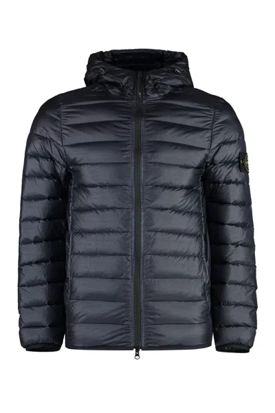 Stone Island Hooded Techno Fabric Down Jacket In Blue