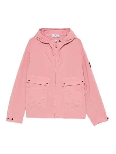 Stone Island Hooded Windbreaker With Logo Patch In Pink
