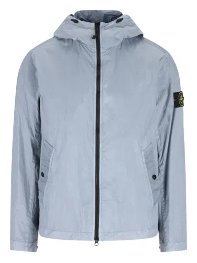 Stone Island Crinkled Nylon Hooded Jacket With Adjustable Cuffs In Blue