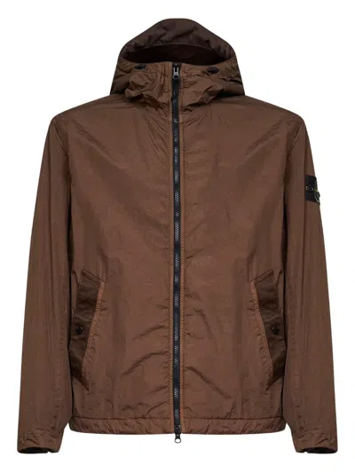 Stone Island Hooded Lightweight Nylon Jacket Drawstring Hem In Brown