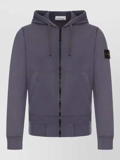 Stone Island Hooded Zip Jacket Drawstring Ribbed Cuffs In Blue